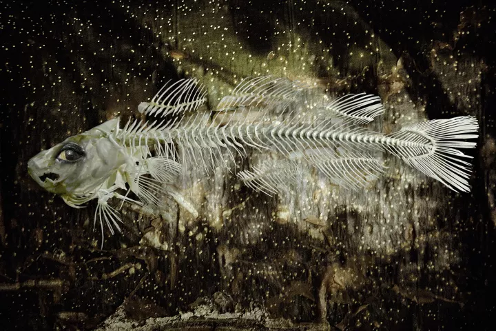 Le squelette d'un poisson à l'œil humain évoluant dans une constellation. Ambiance surréaliste.