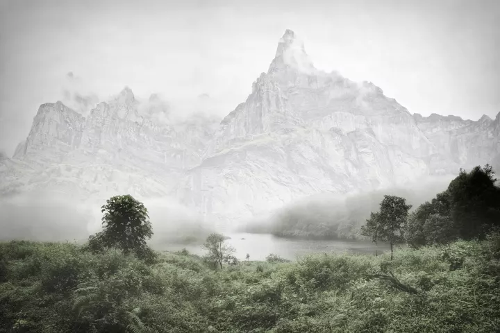 Fata Morgana 036 Une forêt tropicale traversée par un fleuve avec un massif montagneux au deuxième plan.