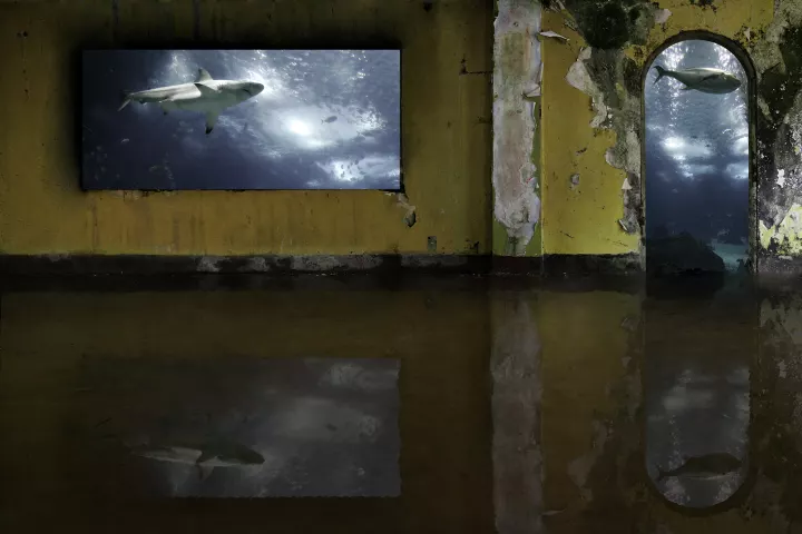 Inscape 021 La fenêtre et la porte d'une grande pièce jaune laissent apparaître un requin et des poissons dans un paysage de fond sous-marin.