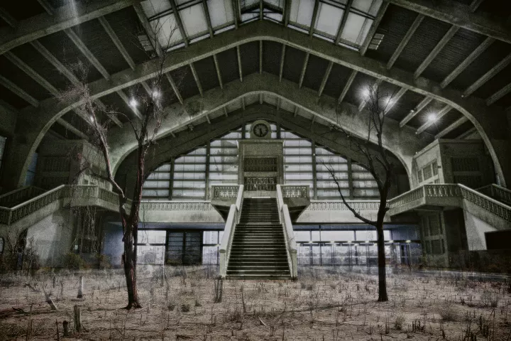 Dans un gigantesque hangar ayant la forme d'une coque de bateau renversé, un paysage d'une savane brûlée.