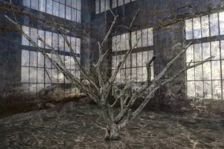 Une pièce avec de l'eau. En transparence sur les murs, l'intérieur d'une usine désaffectée derrière un arbre mort.