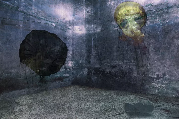 Une pièce avec de l'eau. En transparence sur les murs, un fond marin avec des méduses et une raie.