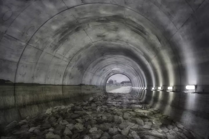 Un tunnel jonché de cailloux avec un paysage en transparence sur les murs.