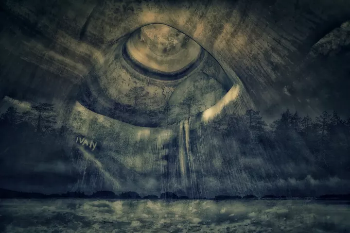Un réservoir d'eau souterrain en transparence avec un paysage d'une éttendue d'eau surplombé de nuages.
